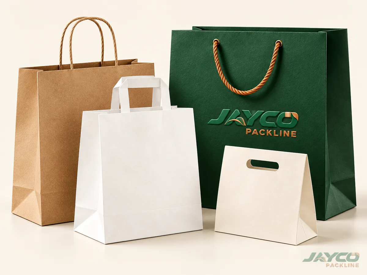 Kraft, white and green printed paper bags with twisted, flat, rope and die-cut handles, made in India for export