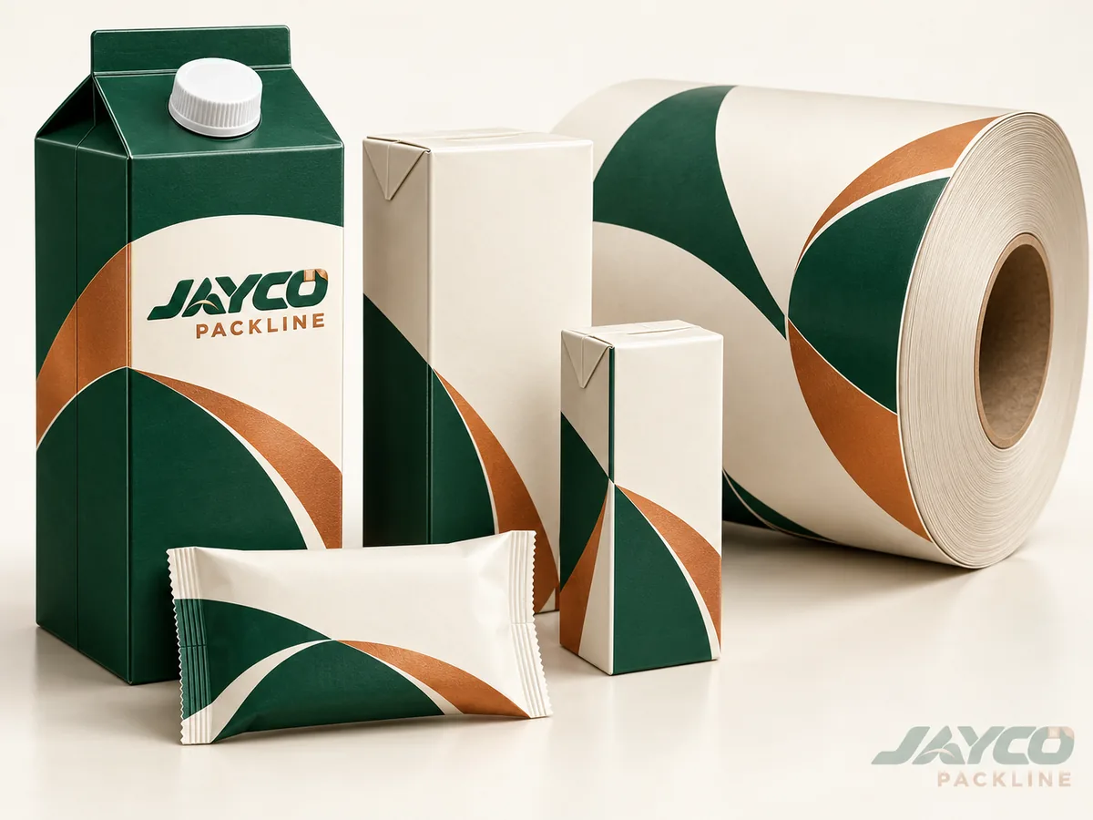 Liquid packaging from JAYCO Packline: gable-top carton with cap, brick cartons, a sachet and a reel of printed paperboard