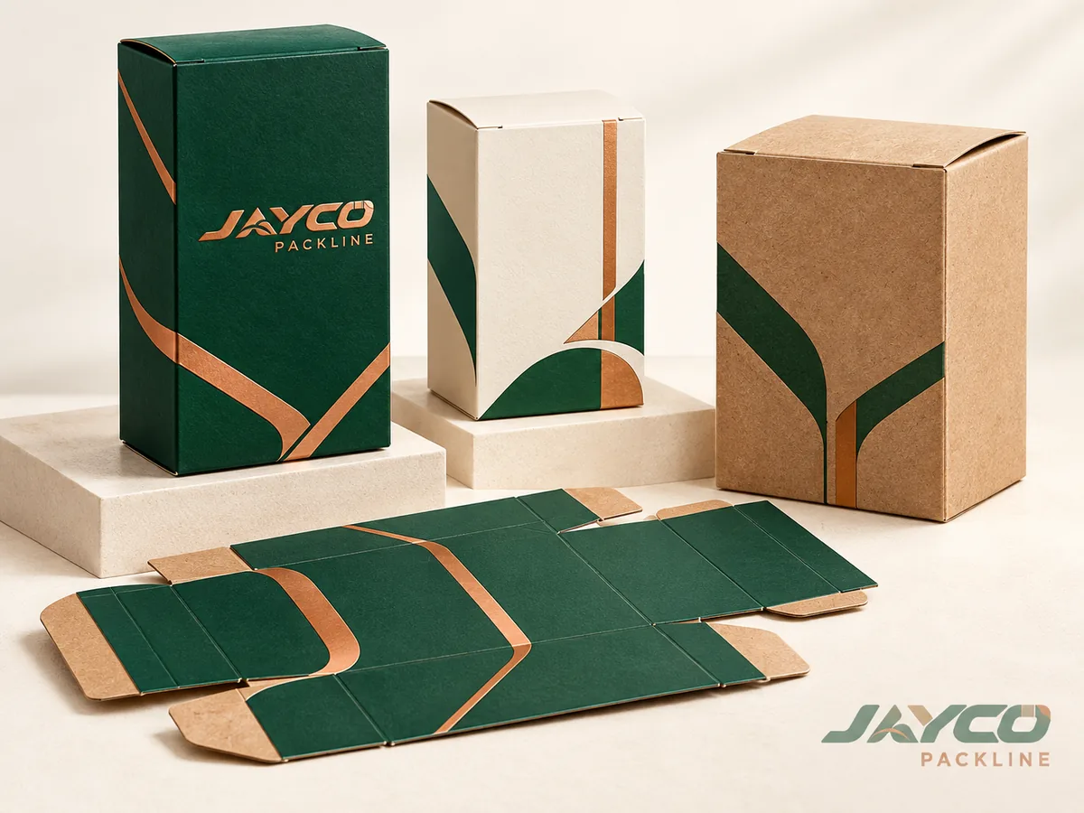 Printed folding cartons in green, white and kraft with a flat carton die-line, supplied from India