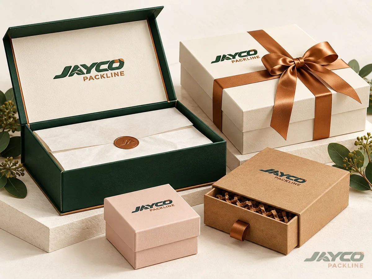 Rigid gift boxes: green magnetic box, white box with copper ribbon, kraft drawer box and pink lid box, made in India